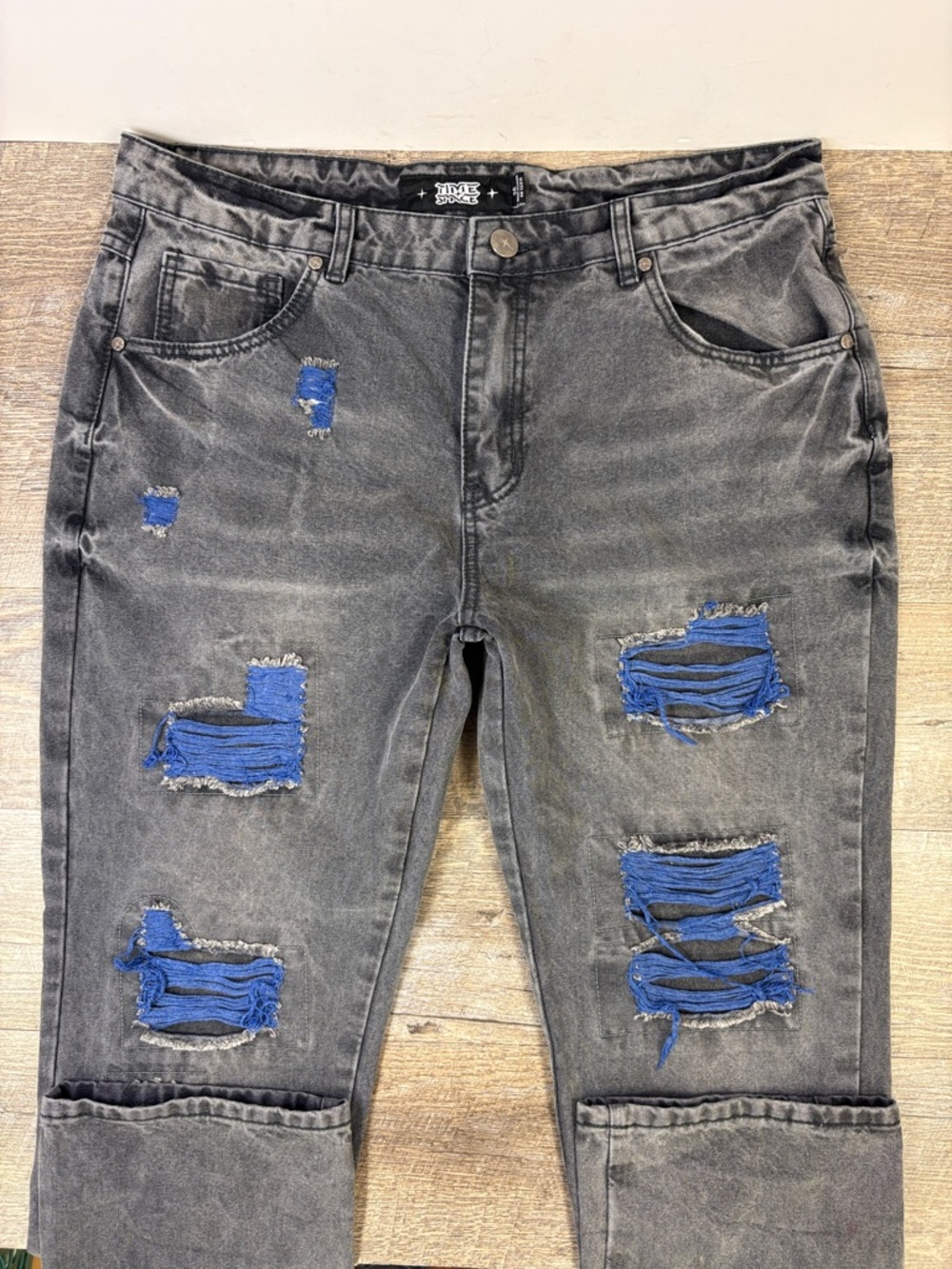 Time & Space Distressed Gray Jeans Blue Patchwork Size 36 Streetwear